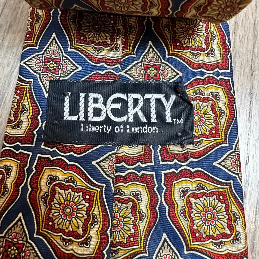Vtg LIBERTY of London Silk Tie Floral Medallion Navy Red Gold Mens Necktie